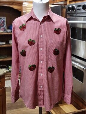 Mili Designs Strawberry And Rhinestone Decorative Button Up Longsleeve - Size S